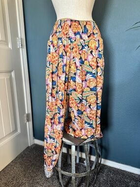Anthropologie Navy Floral Wide-Leg Pants with Orange & Pink Accents